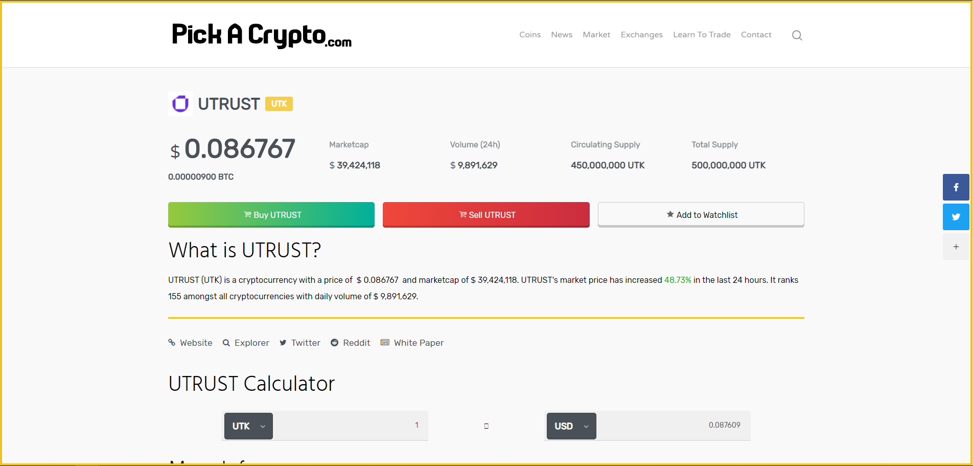 Utrust UTK Price Prediction Statistics