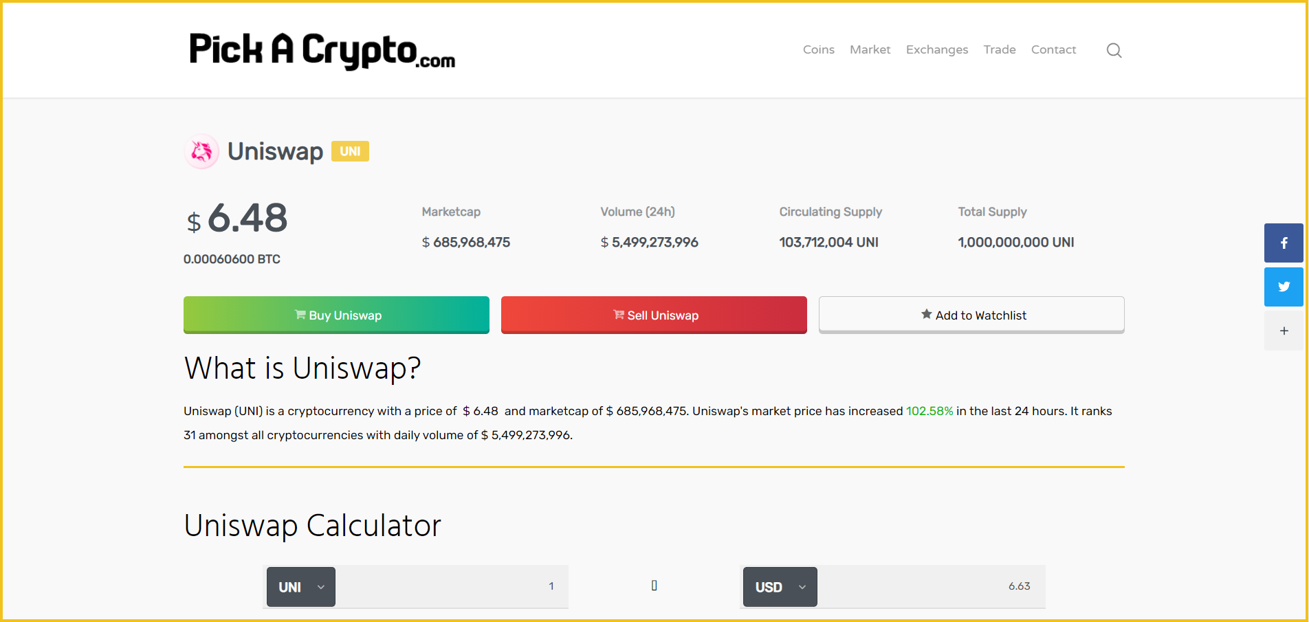 Uniswap UNI Price Prediction Market