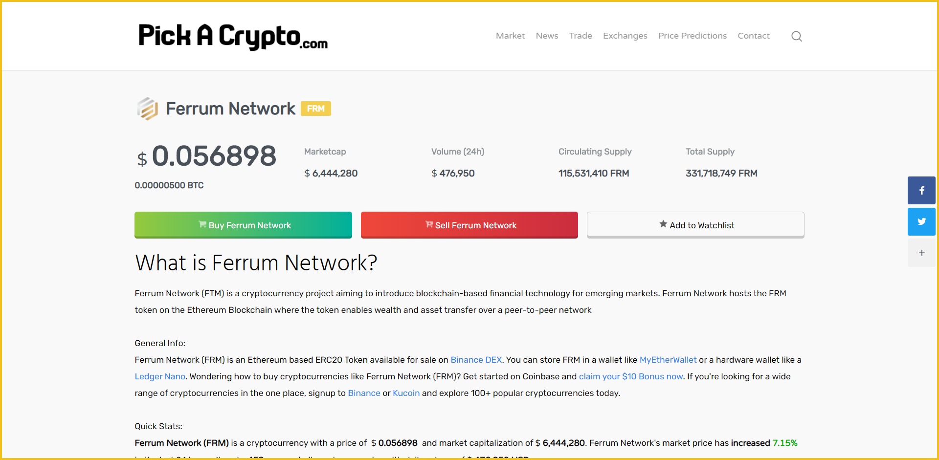 Ferrum Network FRM Price Prediction Market