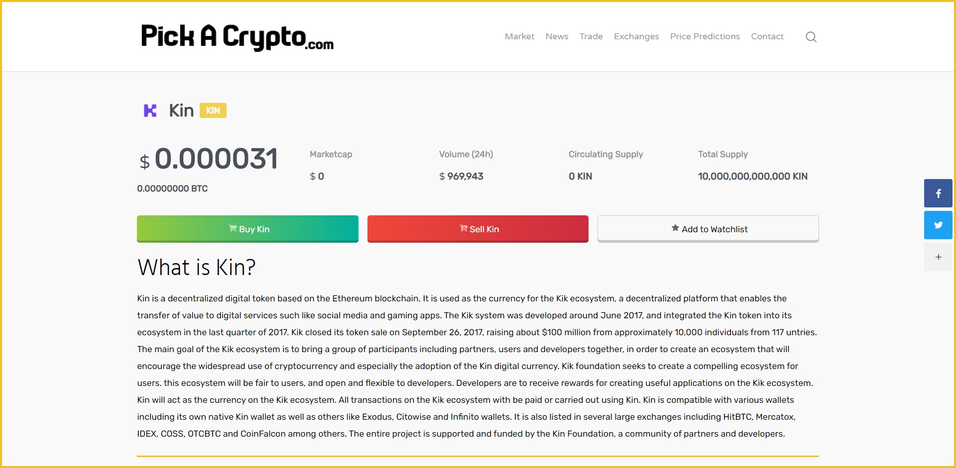 Kin price prediction market