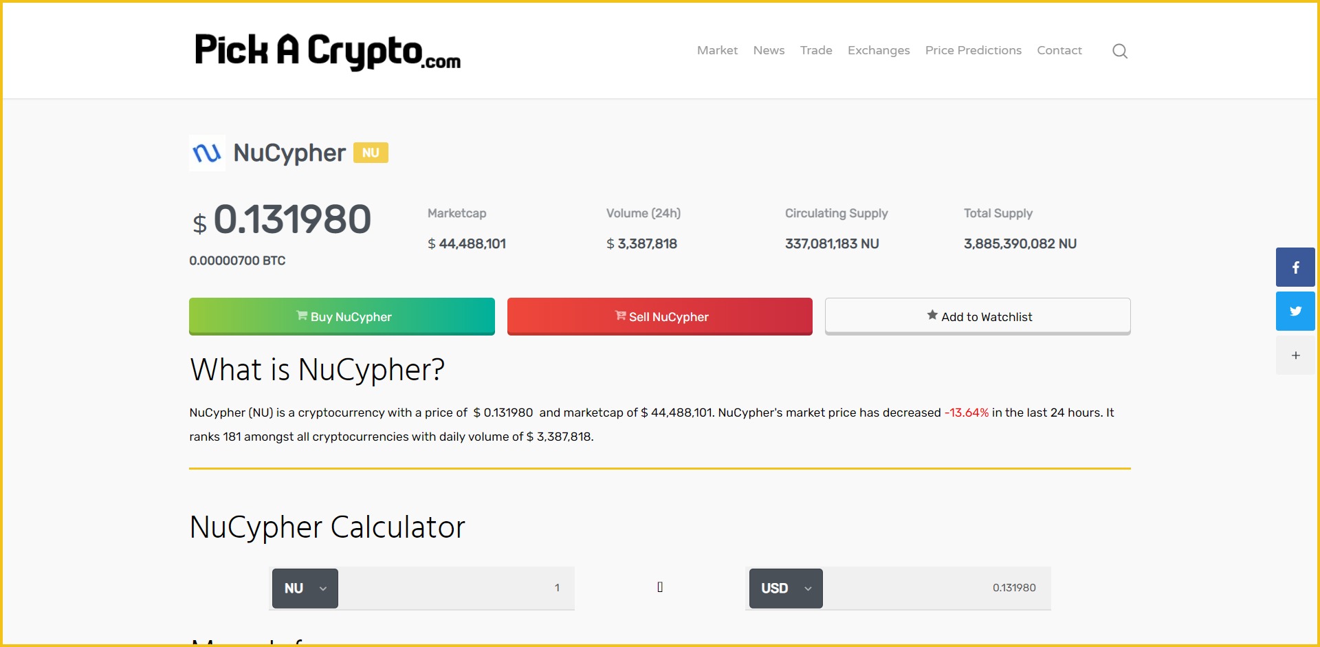 Nucypher NU Price Prediction Market