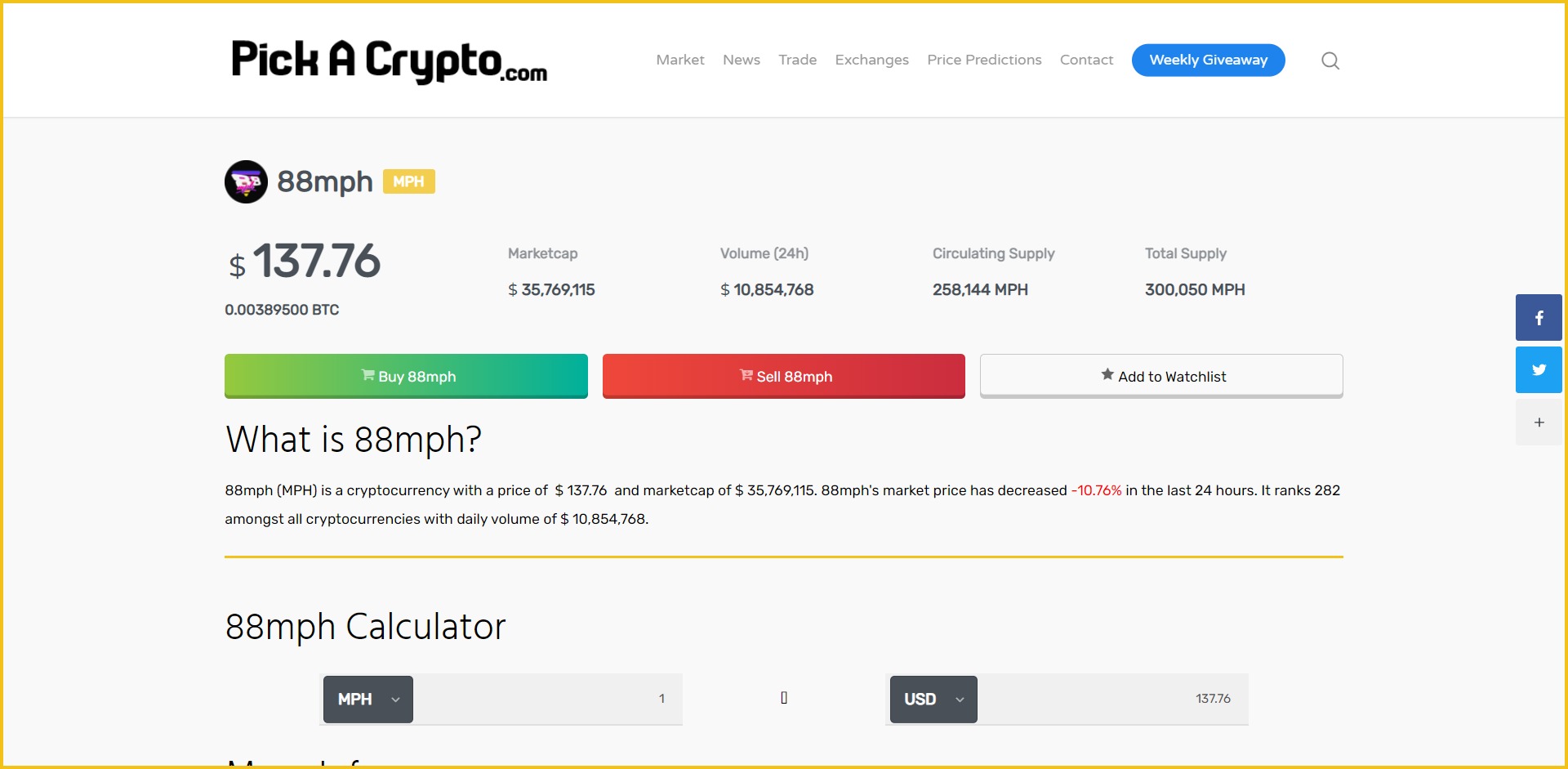 88mph MPH Price Prediction Market