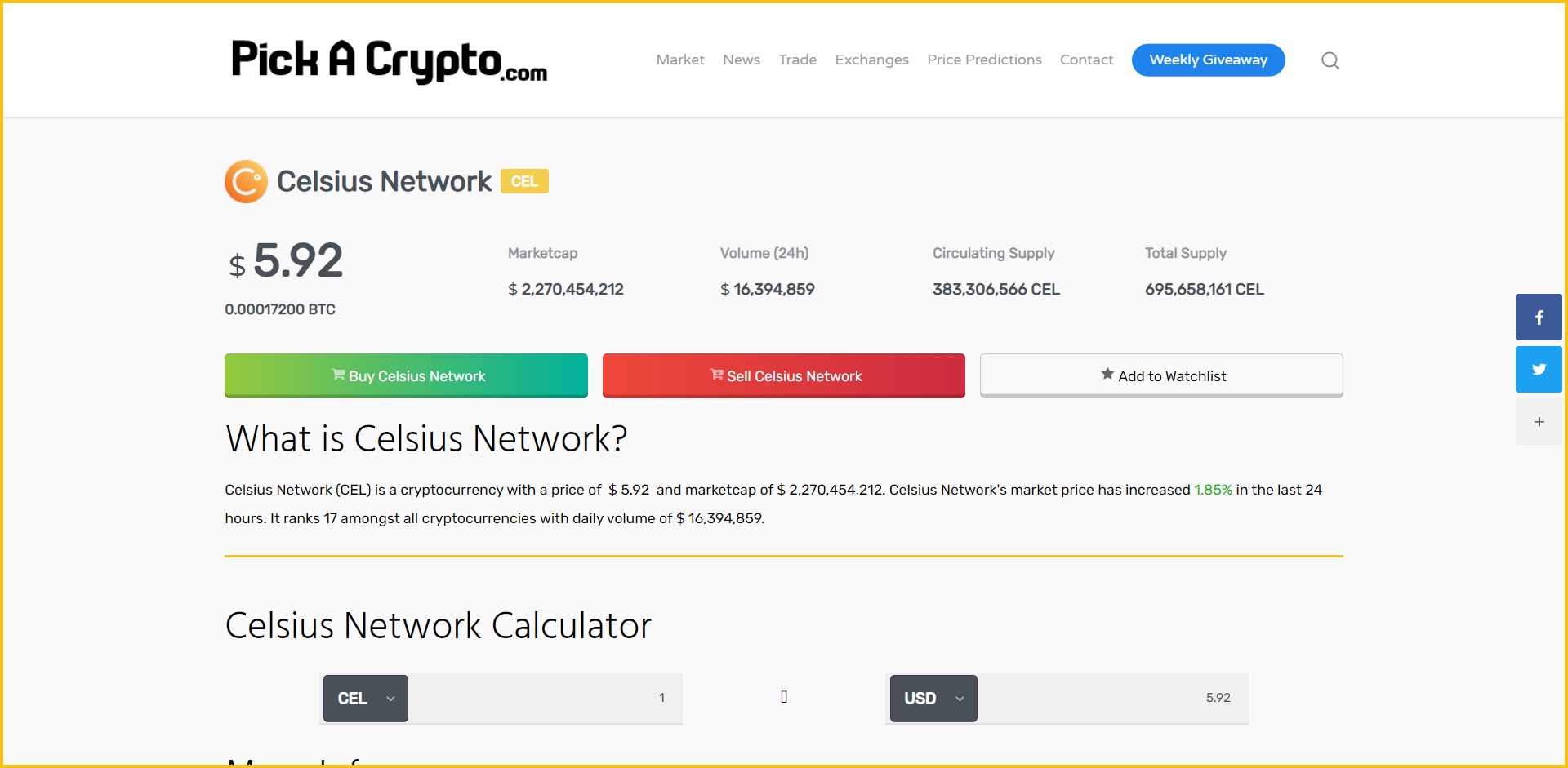 Celsius Network CEL Price Prediction Market