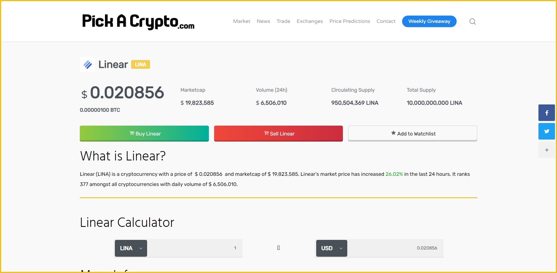 Linear LINA Price Prediction Market