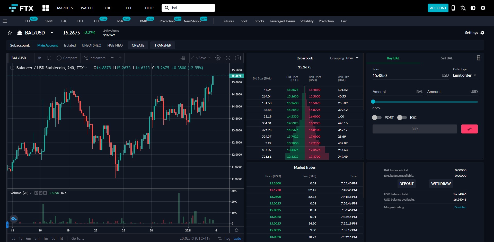 Trade Balancer BAL Spot FTX