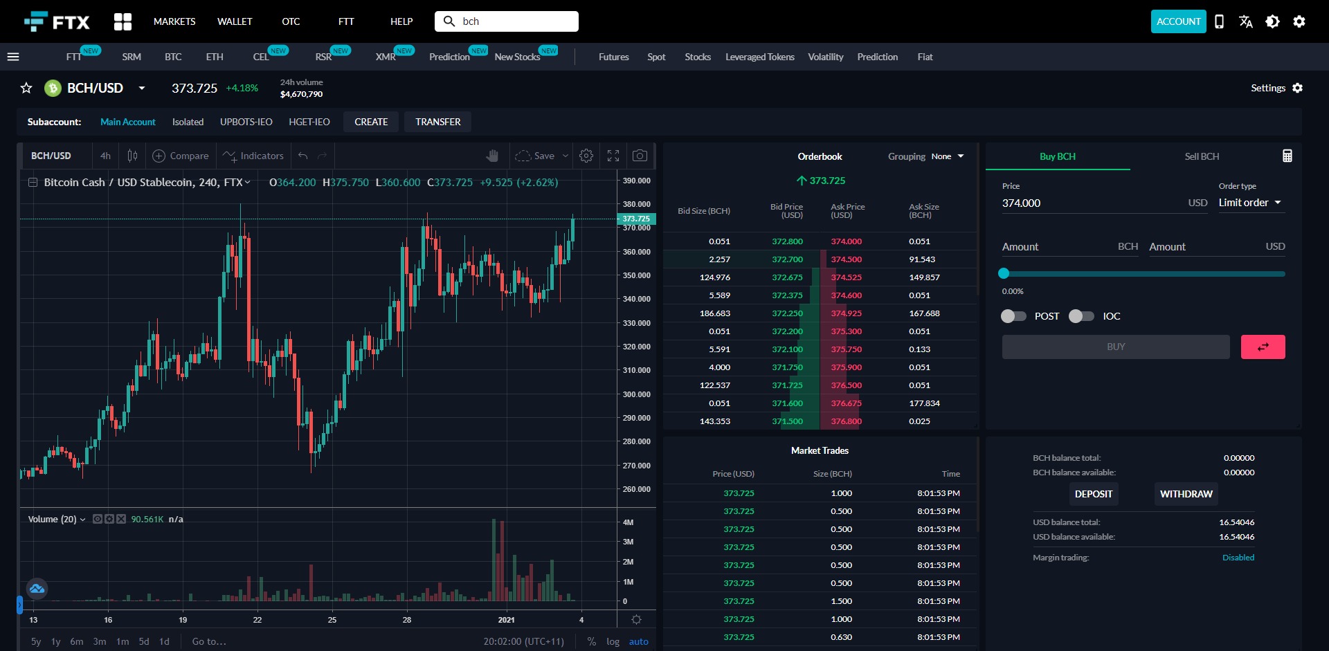 Trade Bitcoin Cash BCH Spot FTX