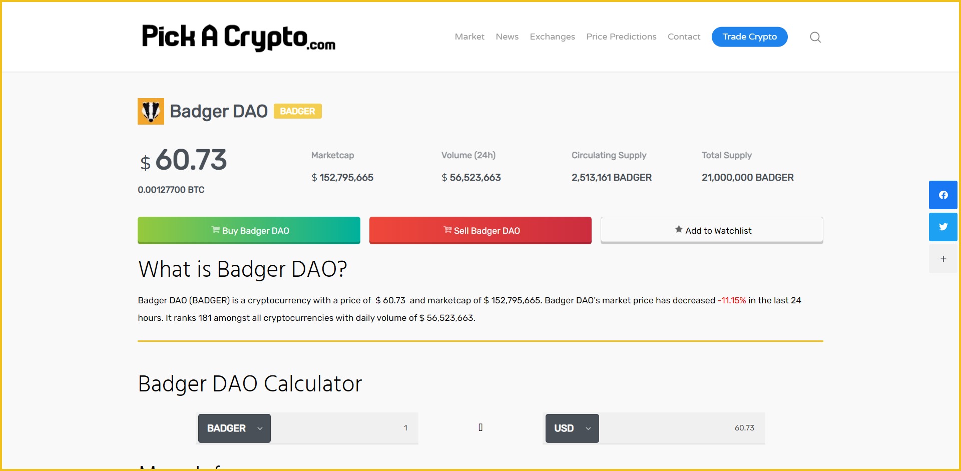Badger DAO BADGER Price Prediction Statistics