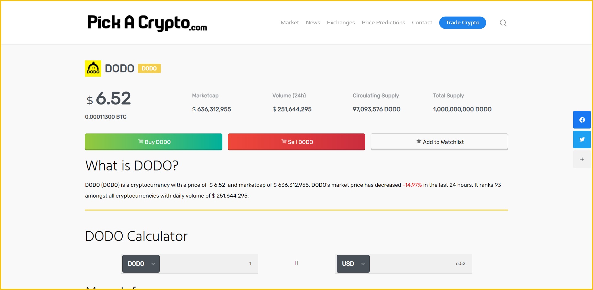 DODO Price Prediction Statistics