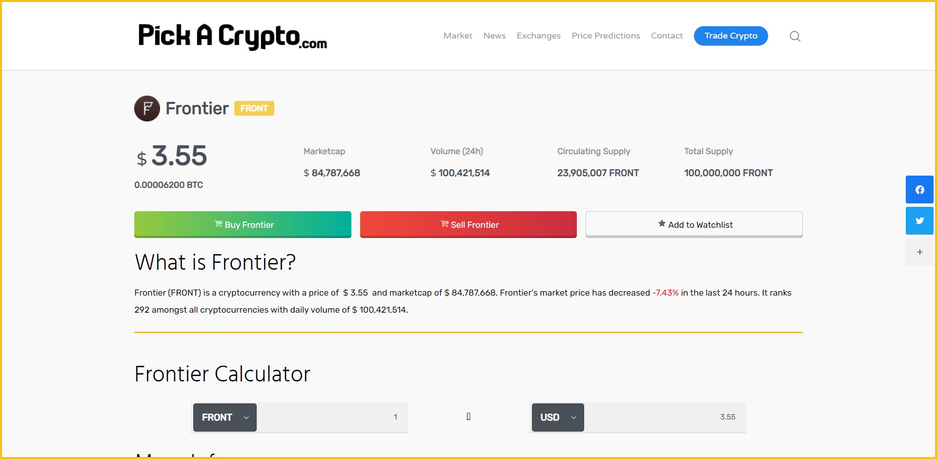 Frontier FRONT Price Prediction Statistics