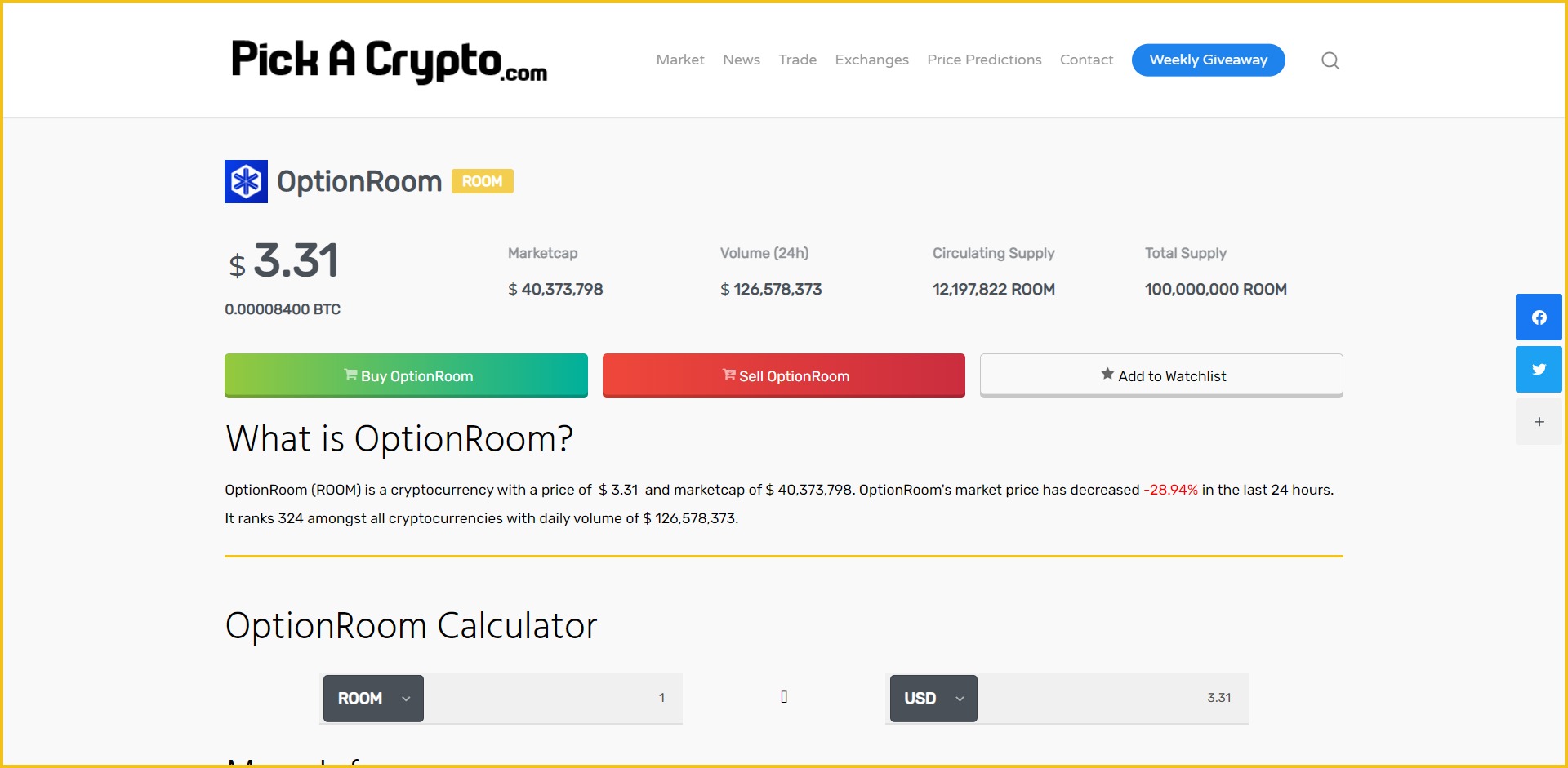 OptionRoom ROOM Price Prediction Market