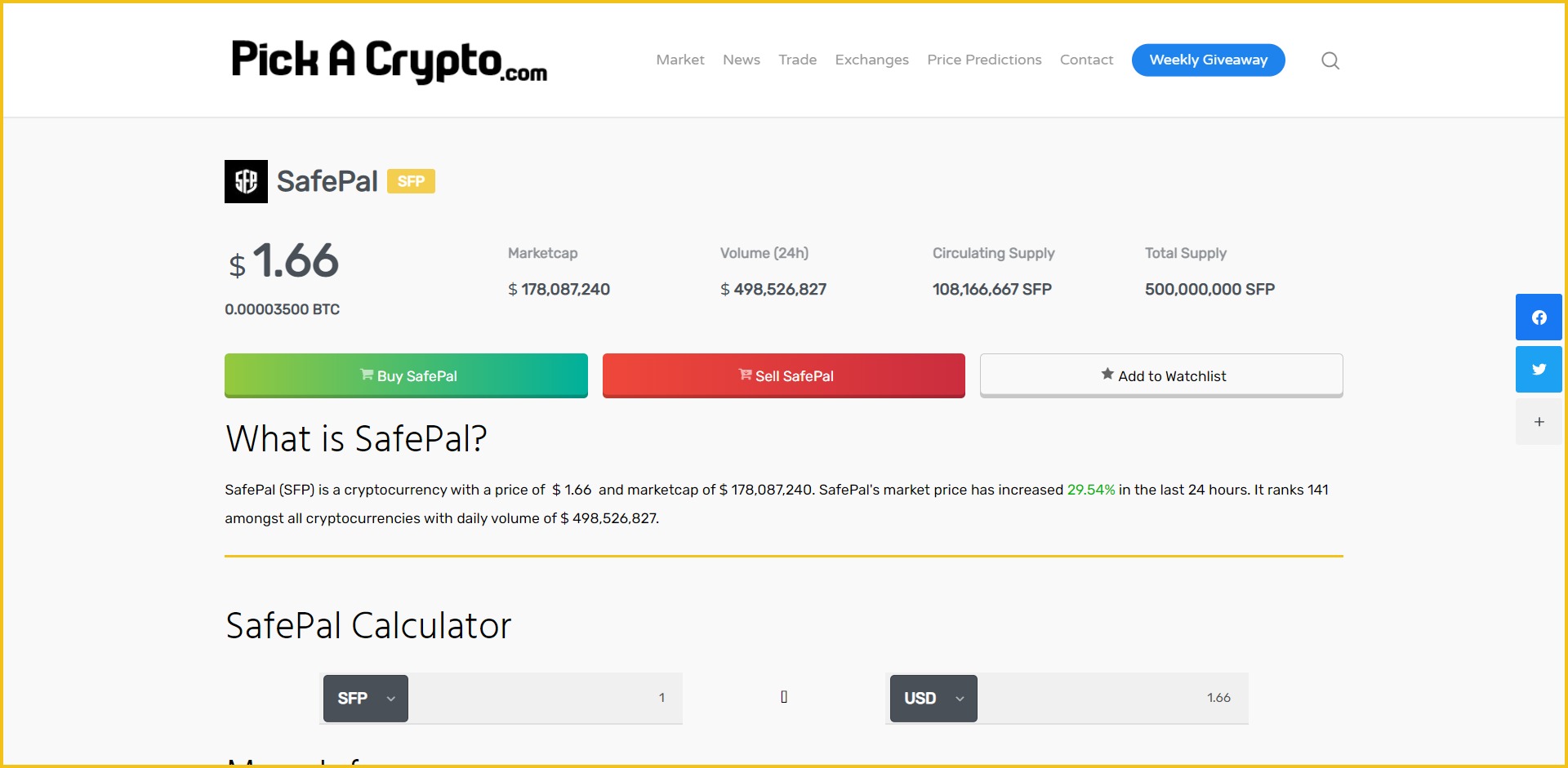 SafePal SFP Price Prediction Statistics