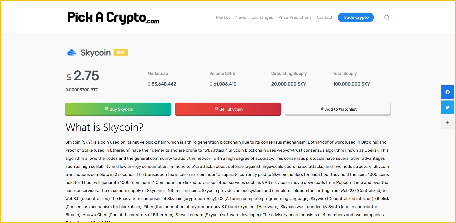 Skycoin SKY Price Prediction Statistics