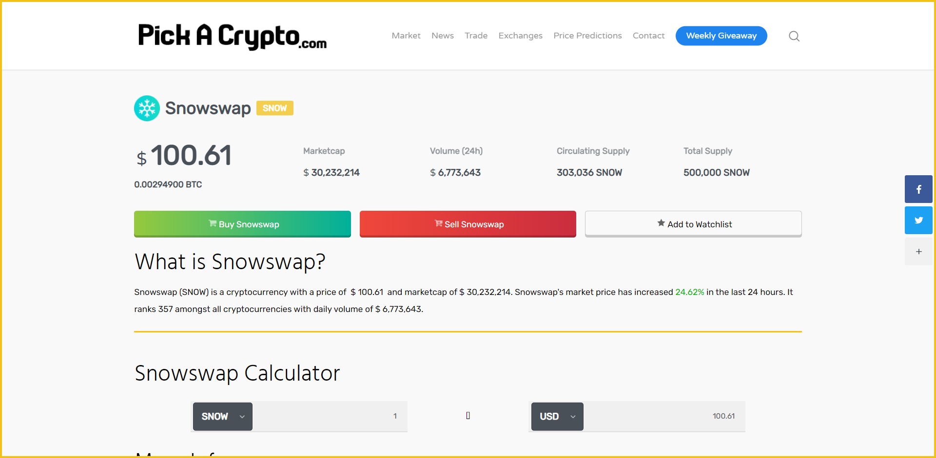 Snowswap SNOW Price Prediction Statistics