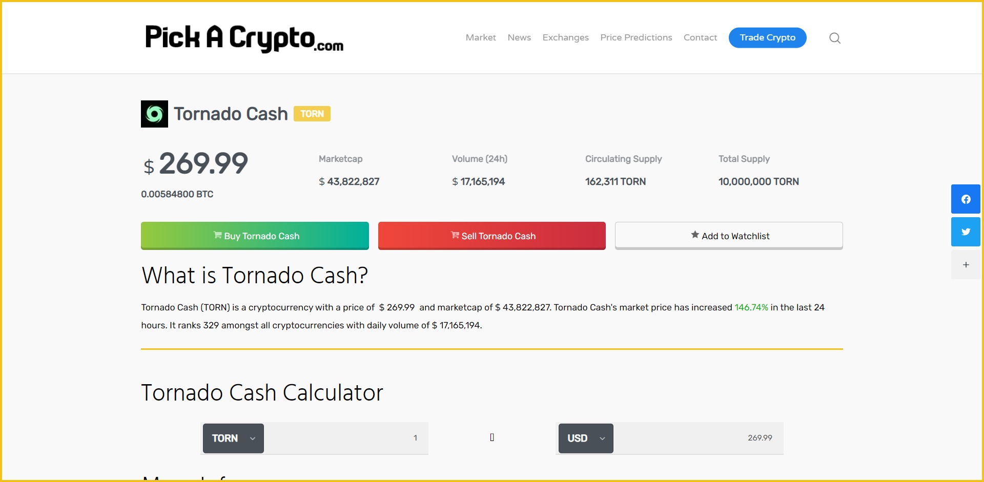 Tornado Cash TORN Price Prediction Statistics
