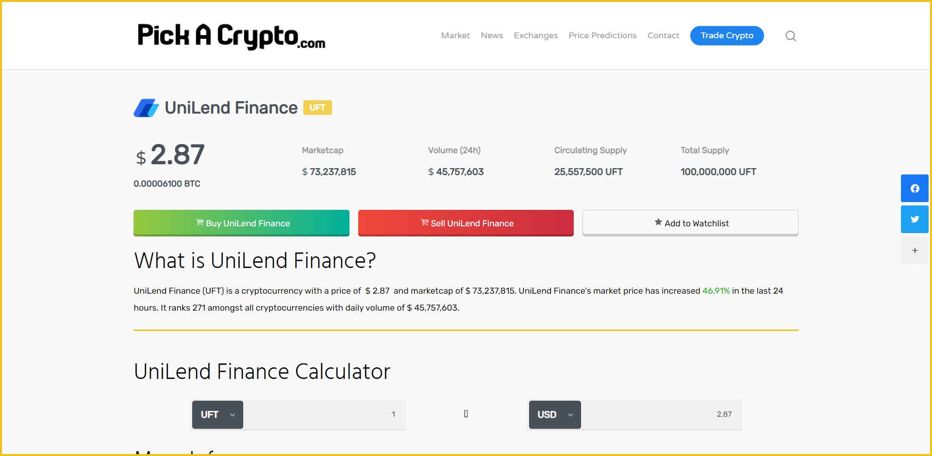 UniLend UFT Price Prediction Statistics