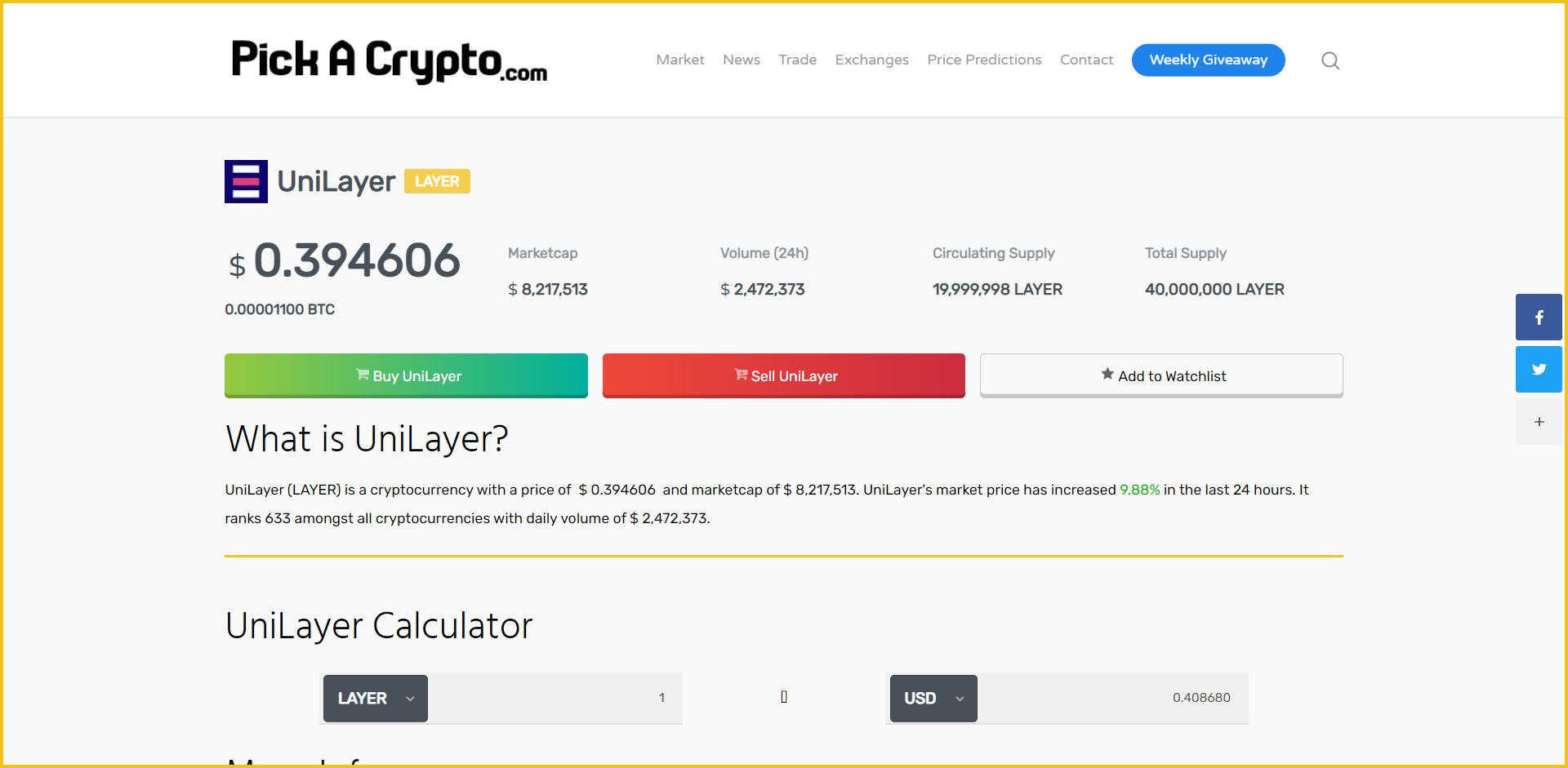 Unilayer LAYER Price Prediction Statistics