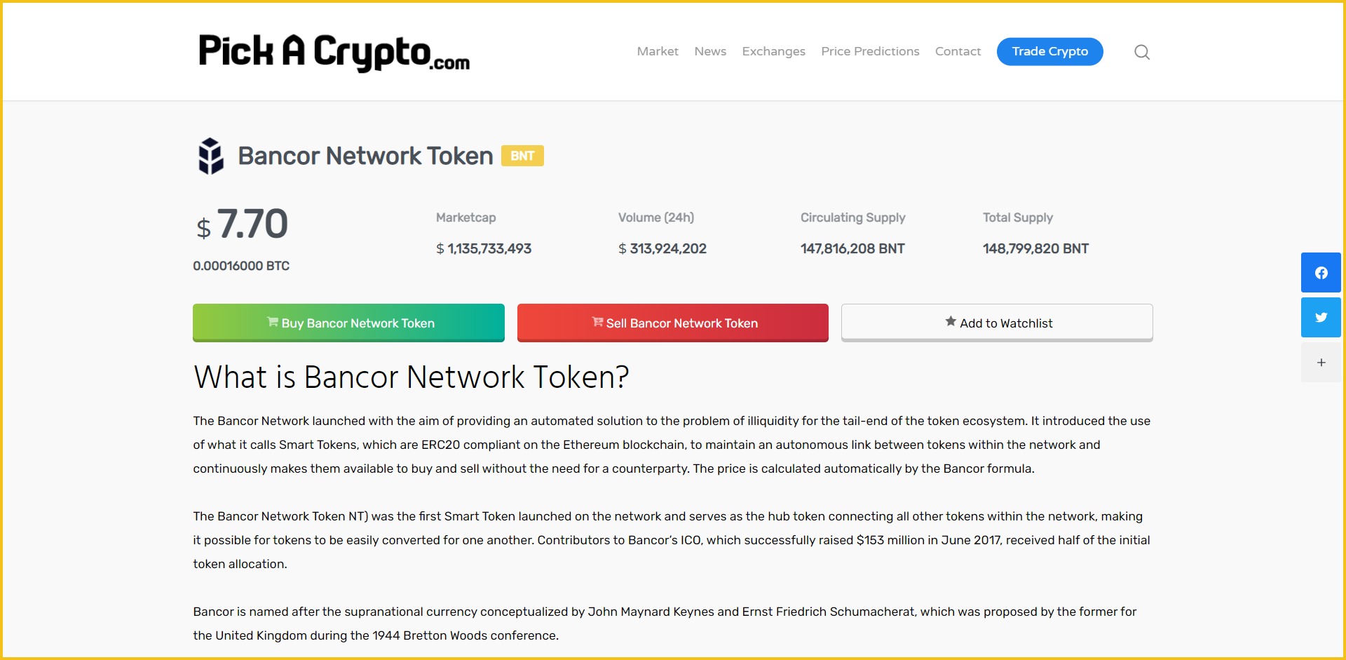 Bancor BNT Price Prediction Statistics