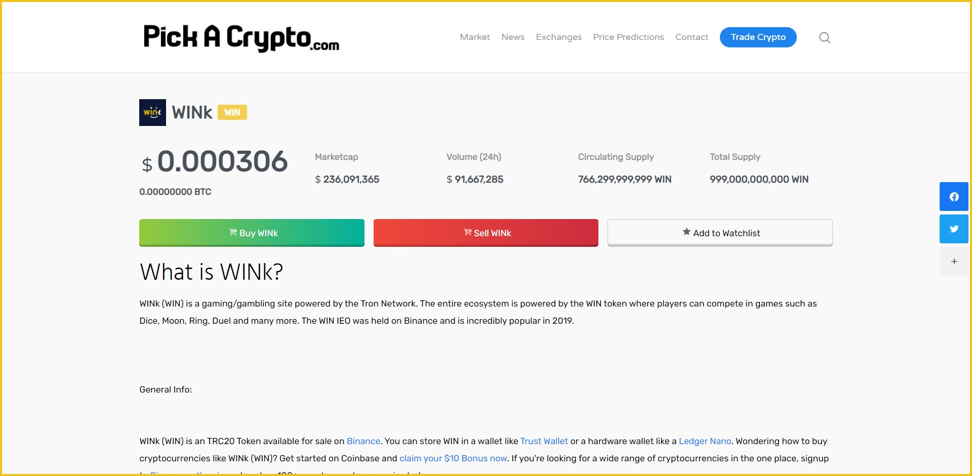 WinK WIN Price Prediction Statistics