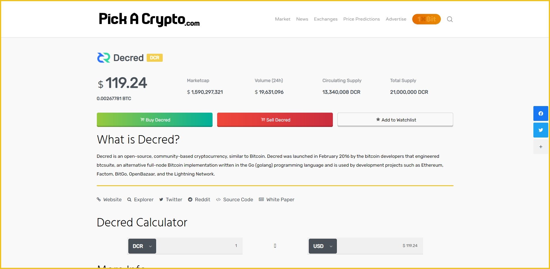 Decred DCR Price Prediction Market